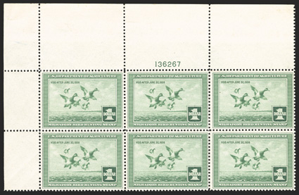 RW4, 1937 $1.00 Light green, full top left margin plate no. 136267 block of six, well centered, lovely bright fresh color, o.g., n.h., small paper bend in the far top left
corner, a very fine and handsome example of this scarce plate block.