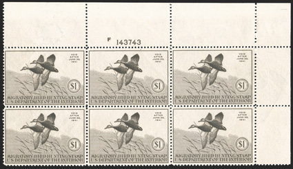 RW7, 1940 $1.00 Sepia, full top right margin plate no. F143743 block of six, well centered, impressively rich color, o.g., n.h., a few natural gum skips as usual, very
fine.