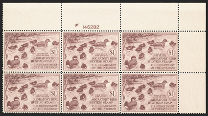 RW8, 1941 $1.00 Brown carmine, a particularly choice top right corner plate no. F146282 block of six, incredibly well centered throughout, wonderfully fresh and crisp with
intact perforations, o.g., n.h., some natural gum skips, extremely fine.
