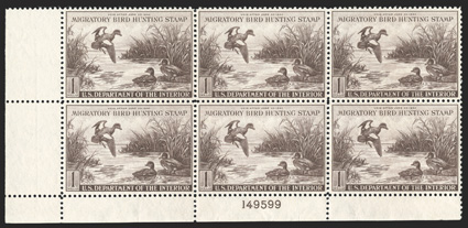RW9, 1942 $1.00 Violet brown, an outstanding bottom left margin plate no. 149599 block of six, each stamp is extraordinarily well centered and margined, rich luxuriant color,
o.g., n.h., an extremely fine and gem plate block.
