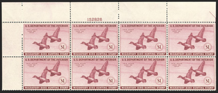 RW10, 1943 $1.00 Deep rose, top left margin plate no. 152826 block of eight, exceedingly well centered, bright fresh color, o.g., n.h., typical gum skips, extremely
fine.