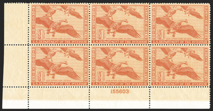 RW11, 1944 $1.00 Red orange, bottom left margin plate no. 155603 block of six, well centered and with deep vibrant color, o.g., n.h., usual gum skips and bends, choice very
fine.
