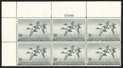 RW12, 1945 $1.00 Black, full top left margin plate no. 157248 block of six, uncommonly well centered, strong color, o.g., n.h., bottom middle stamp with faint bit of gum
disturbance, choice very fine.