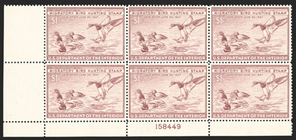 RW13, 1946 $1.00 Red brown, bottom left margin plate no. 158449 block of six, exceptionally well centered, o.g., n.h., extremely fine.