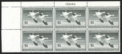 RW14, 1947 $1.00 Black, top left margin plate no. 159464 block of six, wonderfully fresh, well centered, o.g., n.h., choice very fine.