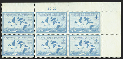 RW15, 1948 $1.00 Bright blue, top right margin plate no. 160102 block of six, well centered, fresh color, o.g., n.h., very fine.