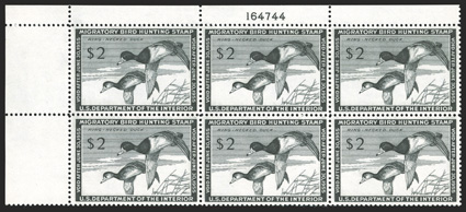 RW21, 1954 $2.00 Black, top left margin plate no. 164744 block of six, excellent centering, strong color on pristine paper, o.g., n.h., extremely fine.