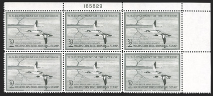 RW23, 1956 $2.00 Black, top right margin plate no. 165829 block of six, quite fresh, well centered, o.g., n.h., extremely fine.