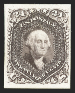 63P4-77P4, 1c-90c 1861 Issue, plate proofs on card cplt., including both 24c values and the 3c Scarlet (74P4), bright colors, large margins, some h.r.s, very fine accompanied by
the original Post Office envelope (which has faults).