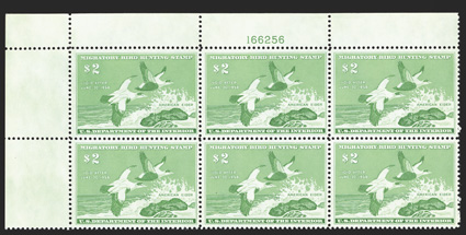 RW24, 1957 $2.00 Emerald, top left margin plate no. 166256 block of six, well centered and margined, bright color, o.g., n.h., choice very fine.