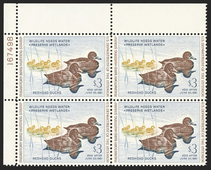 RW27, 1960 $3.00 Multicolored, top left margin plate no. 167498 block of four, strong color, o.g., n.h., choice very fine.