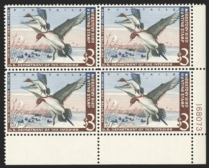 RW29, 1962 $3.00 Multicolored, bottom right margin plate no. 168073 block of four, exceptionally well centered, o.g., n.h., extremely fine.