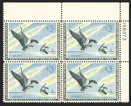 RW30, 1963 $3.00 Multicolored, top right margin plate no. 168273 block of four, attractive colors, o.g., n.h., choice very fine.