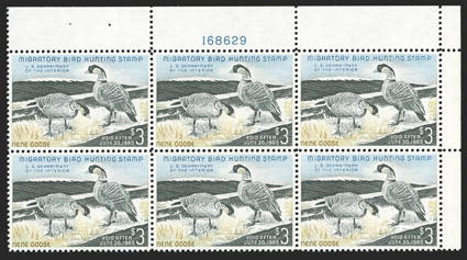 RW31, 1964 $3.00 Multicolored, top right corner plate no. 168629 block of six, excellent centering, o.g., n.h., extremely fine a choice example of this scarce and key plate
block.