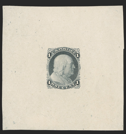 63-E9c, 1c Black, large die essay on old proof paper, 71x72mm, quite fresh, pinpoint thin speck, still very fine and handsome one of only two recorded examples of this essay
clear 1987 PF certificate.