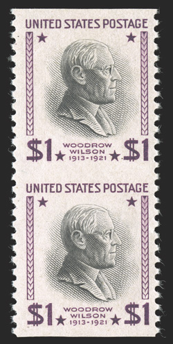 832a, $1.00 Purple and black, vertical pair, imperforate horizontally, highly desirable example of this rare Prexie error, well centered, strong fresh colors, o.g., faintly
hinged, very fine 1989 PF certificate (never hinged by omission).
