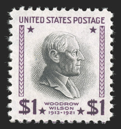 832b, $1.00 Purple and black, watermarked USIR in error, select quality example, extraordinarily well centered within large margins, rich colors, o.g., n.h., extremely fine and
choice 1988 PF certificate.