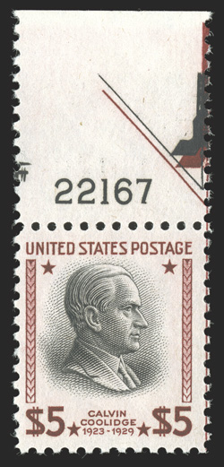 834a, $5.00 Red brown and black error of color, a desirable and eye-appealing top sheet-margin plate no. 22167 single of this distinctive and rare error, well centered within
large margins, strong luxuriant colors, o.g., n.h., very fine 1980 PF