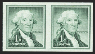 1054b, 1c Dark green coil, imperforate, very rare mint pair, large margins all around, rich color, o.g., n.h., extremely fine only thirteen pairs are recorded according to
Datz.