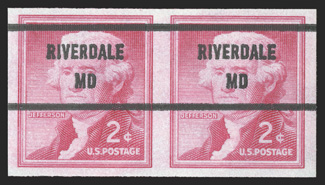 1055b, 2c Carmine rose coil, untagged, imperforate, pair with usual RiverdaleMD Bureau precancel found on all known imperforate pairs, large margins, rich color, o.g., n.h.,
very fine 1989 PF certificate.