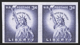 1057a, 3c Deep violet coil, imperforate, mint pair, usual centering for this rare coil error, vibrant color, o.g., n.h., fine only 30 imperforate pairs were produced 1990 PF
certificate.