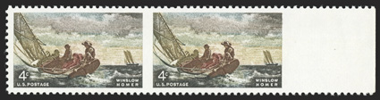 1207a, 4c Winslow Homer, horizontal pair, imperforate between, right sheet-margin pair that is also imperforate between the right stamp and the margin, beautifully centered and
exceedingly fresh, o.g., n.h., extremely fine this error occurred w
