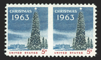 1240b, 5c Christmas, horizontal pair, imperforate between, offered here is what is believed to be the only recorded example of this error, nicely centered, strong colors, o.g.,
very fine to our knowledge there is no other example known, it