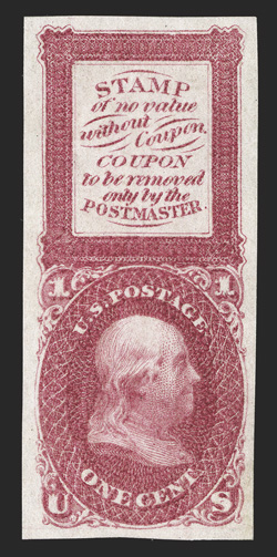 63-E13d, f, g, 1c Franklin, plate essays with patent coupon at top, four items, 63-E13d in red, 63-E13f in red, 63-E13g single in blue and pair in red, stamp portions gummed,
very fine.