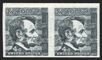 1303b, 4c Black Lincoln coil, imperforate, pair, fresh color, o.g., n.h., very fine and scarce 1986 PF certificate.