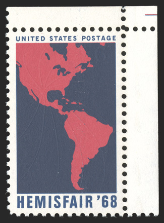 1340a, 6c Hemisfair 68, white omitted, top right corner sheet-margin example of this very scarce missing color error, perfectly centered, o.g., n.h., extremely fine 1991 PF
certificate