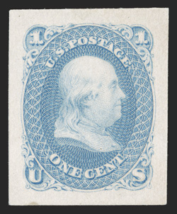 63P2a, 1c Blue, Panama-Pacific small die proof on wove, large even margins, bright color and quite fresh, without the toning usually found on these, extremely fine an unusually
choice Panama-Pacific proof only three to five copies were p