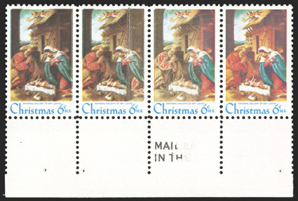 1414b, 6c Christmas, black omitted, bottom margin horizontal strip of four, with Mail Early slogan partially printed, the left stamp with full colors, the second stamp has an
unusual vertical printing flaw, the third stamp with the black partial