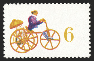 1417b, 6c Mechanical Tricycle, black omitted, bright and fresh, o.g., n.h., a very fine example of this striking and very rare error only five or six are thought to exist 1991
PF certificate.