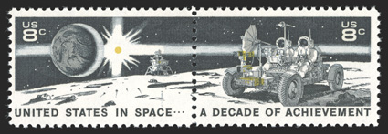 1435d, 8c Space Achievement, se-tenant pair, with blue and red omitted, fresh mint example of this rare error pair, o.g., n.h., very fine 1990 PF
certificate.