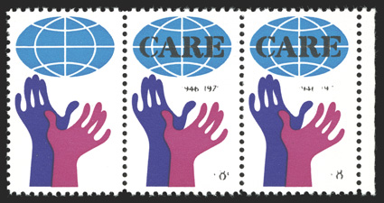 1439a, 8c CARE, black omitted, a very rare transitional horizontal strip of three, two right stamps with the black color partially omitted, and the right stamp with the black
completely missing, o.g., n.h., extremely fine and visually striki