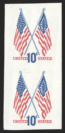 1509c, 10c Flags, imperforate, vertical pair (this error must be collected in the vertical pair format so as to distinguish it from an imperforate coil), o.g., n.h., very fine
and scarce 1990 PF certificate.