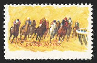 1528a, 10c Horse Racing, blue omitted, centered to the top as always, bright colors, o.g., n.h., fine 1990 PF certificate.