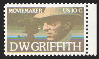 1555a, 10c D.W. Griffith, engraved brown omitted, right sheet-margin single, o.g., n.h., extremely fine only two or three error sheets were printed 1990 PF
certificate.