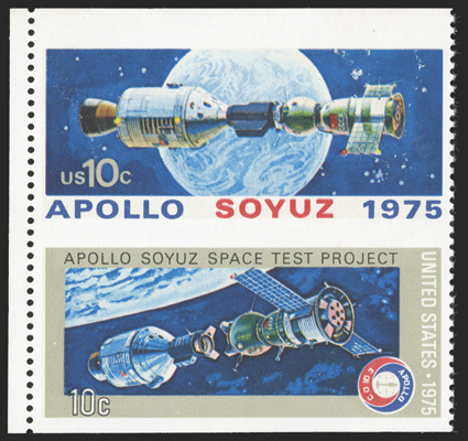 1570c, 10c Apollo-Soyuz se-tenant pair, vertical pair, imperforate horizontally, top left sheet-margin example, exceptionally well centered and margined, o.g., n.h., extremely
fine a rare and popular space-related error of which only 24 to 36 p