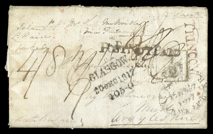 1817 (2 July) entire letter to Scotland, headed Badula Island of Ceylon, variously rated, showing  trincomale  h.s. in red and post paid overstruck by post not paid in black,
the very scarce Crown oval indiapack
