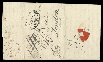 1818 (7 Apr.) entire letter from Caltura to London, rated 36, showing good to fine caltura and post paid handstamps in red, both heavily deleted in manuscript, and
ceylon15ap151818packet letter oval datestamp (pa