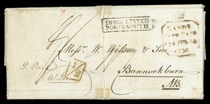 1836 (30 Apr.) entire letter to Scotland, showing good to fine strike of Crown framed kandypost paid d.s. in brown, framed india letterportsmouth and small boxed ½ central
vertical filing crease with a split in places.