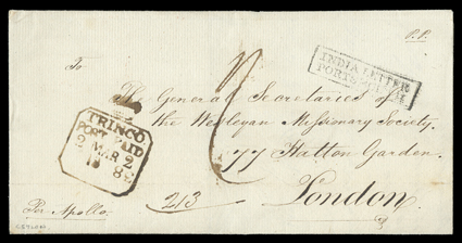 1838 (26 Feb.) missionary entire to London, showing fine Crown framed trincopost paid d.s. with last two figures of year date inverted and reversed, framed india
letterportsmouth and, on reverse across join, red arrival c.d.s.