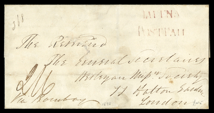 1838 (16 June) missionary entire to London, rated 26, showing mainly fine jaffna and post paid handstamps in purple with arrival c.d.s. on reverse a little
soiled.