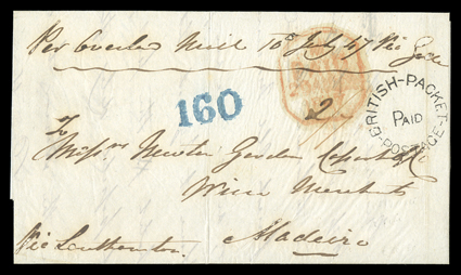 1847 (10 July) entire letter from an Officer in the Ceylon Rifles to Madeira, showing fine circular british-packetpaidpostage (crossed by light filing crease), red London Paid
transit d.s., arrival 160 h.s. in blue and, on reverse, su