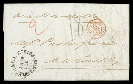 1862 (18 Jan.) entire letter to Marseilles, showing slightly over-inked gallepost-not-paid c.d.s., hand-struck 18 (decimes) and red Marseilles entry c.d.s. Neat and
attractive.