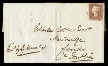 1843 (16 Jan.) entire letter from Kandy to Swords, Co. Dublin, carried privately to the U.K., marked Forwd by G Mercer Esq. (noted as being of the Ceylon Service in the
letter) and bearing 1841 1d. red with good to large margins and cancell
