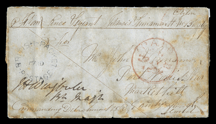 1852 entire to Ireland, headed From Lance Sergeant Francis Sirmamon H.M. 13th Regt Ceylon, countersigned by Commanding Officer, showing good british-packetpaidpostage circular
h.s., red London Paid transit c.d.s. (29.7) on reverse