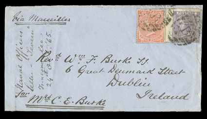 1865 (Oct.) blue envelope (opened-out) from Trincomalee Via Marseilles to Ireland, marked Naval Officers Letter - Severn by the recipient and bearing G.B. 1862-64 4d.
vermilion and 6d. lilac (both previously unused on a piece and stuc