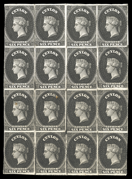 6d. black on wove paper, a rejoined block of sixteen, [90-93102-105114-117126-129], design touched or just-into in places and [114-115] with small tone spot, nevertheless a
fine and very scarce multiple.
